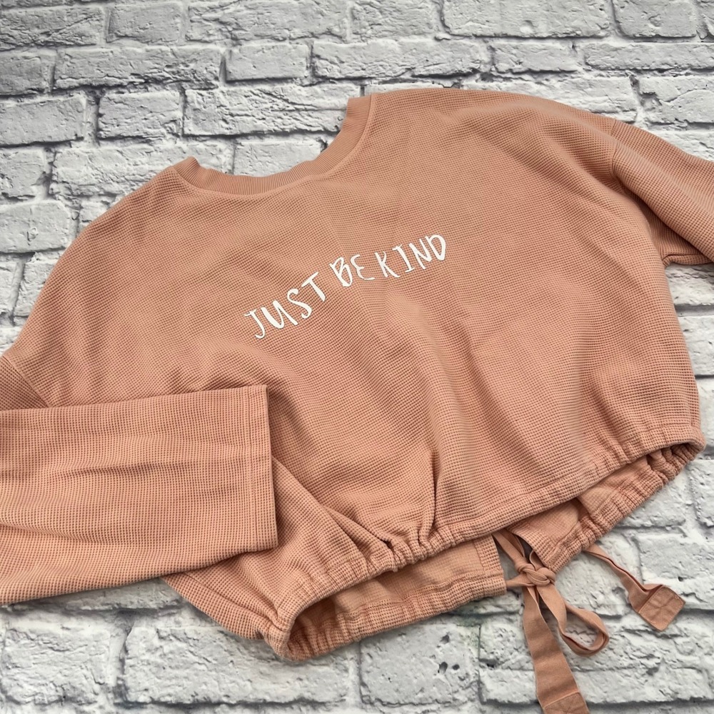 Fabletics Pink Waffle Knit Just Be Kind Open Back Tie Hem Sweatshirt Size L
